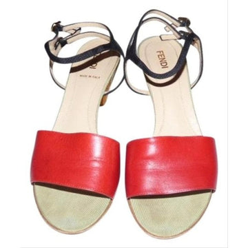 FENDI Red, Black, & Pale Green Leather Sandals with Cork Heels