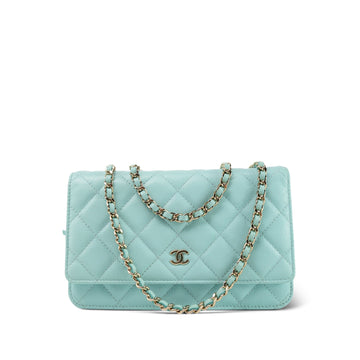 19C Tiffany Blue leather Quilted Wallet On Chain WOC Light Gold Hardware
