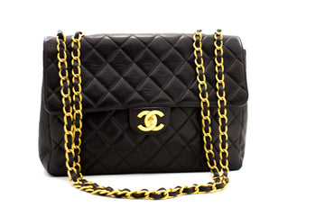 CHANEL Jumbo 11" Large Chain Shoulder Bag Flap Black Leather Gold f35