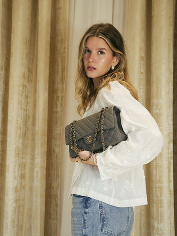 Grey leather Quilted Classic Flap Medium Light Gold Hardware