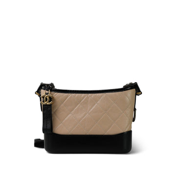 Beige Black Aged leather Quilted Gabrielle Hobo Bag Mixed Hardware