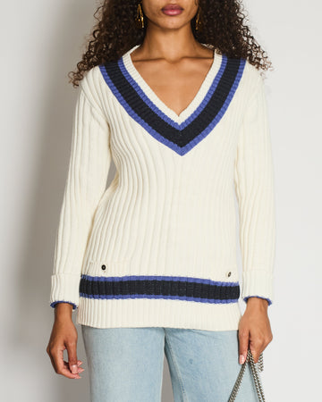 Chanel Resort 2014 White, Black and Navy V Neck Knit Jumper with CC Button Details Size FR 40 (UK 12)