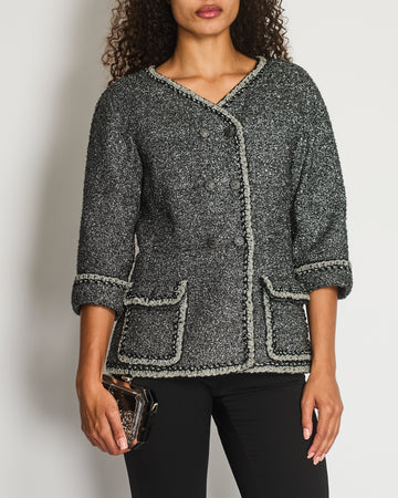 *HOT* Chanel 14/P La Petite Veste Noire Tweed Charcoal Grey Jacket with Silver Detail  Size FR 42 (UK 14)