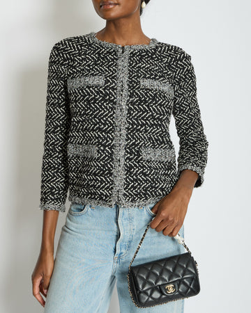 Chanel Black, White, and Silver Metallic Tweed Jacket with CC Logo Detail Size FR 36 (UK 8)