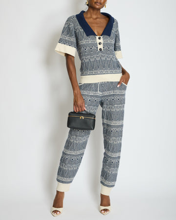 Chanel Cruise 2013 Navy Blue and White Cashmere Top and Trousers Set with CC Logo Buttons Size FR 36/38 (UK 8/10)