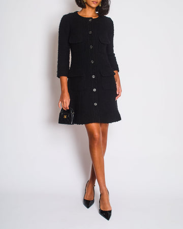 Chanel Black Tweed 3/4 Sleeve Dress with Covered Pockets and Black and Gunmetal CC Logo Button Details FR 36 (UK 8)