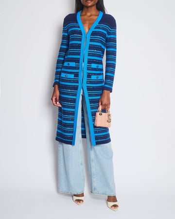 Chanel 20C Blue and Navy Cashmere Striped Long Cardigan with Multicolour Sequins Detail and Silver Camelia CC Buttons Size FR 36 (UK 8)