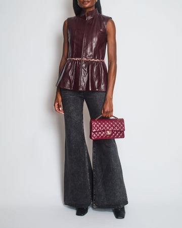 Chanel 2023 Burgundy Bordeaux Leather Gilet with Tweed Trim and Peplum Hem Size FR 36 (UK 8)