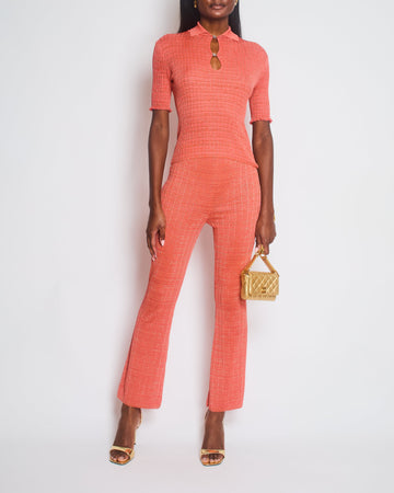 Chanel 22/P Coral Ribbed Knit Short Sleeve Top and Trousers with Silver CC Logo Detail Size FR 34-36 (UK 6-8)