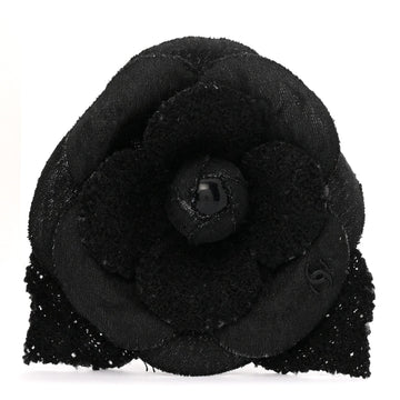 Tweed Fabric Camellia Pin Brooch Black