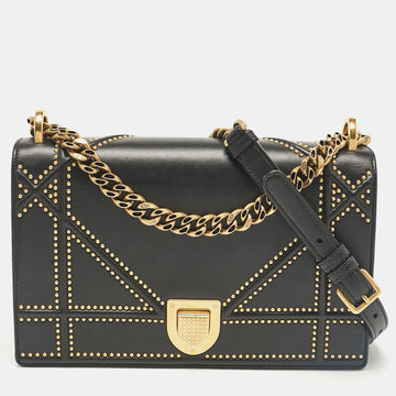 Black Leather Medium Studded Diorama Flap Shoulder Bag