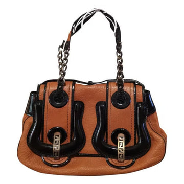 Fendi B Buckle style XL satchel style purse in caramel leather & black  leather with two antique gold finish chain accent straps