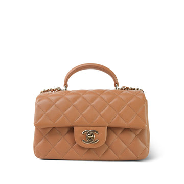 23P Light Caramel leather Quilted Mini Top Handle Light Gold Hardware