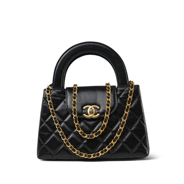 23K Black Shiny Aged leather Quilted Mini Kelly Shopper Aged Gold Hardware