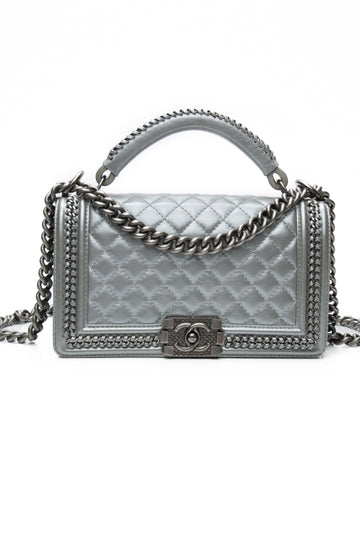 Chanel Silver Metallic Calfskin Quilted Medium Top Handle Boy Flap