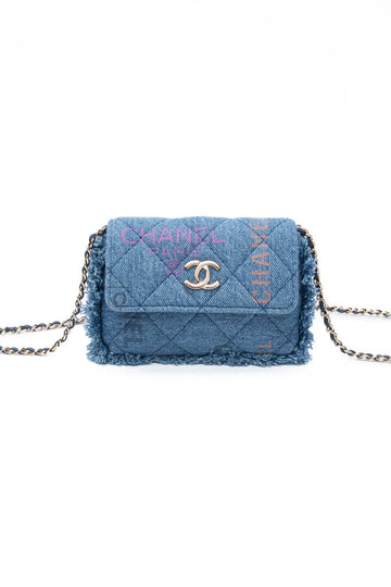 CHANEL 22P Blue Denim Micro Graffiti CC Logo Crossbody