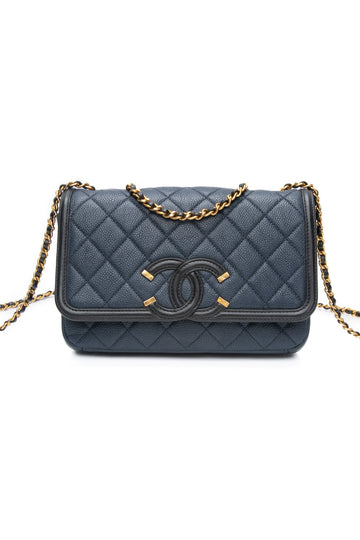 CHANEL Navy & Black Caviar Quilted Small CC Filigree Flap
