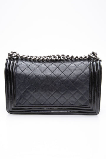 CHANEL Black Goatskin with Patent Quilted Medium Boy Flap Bag