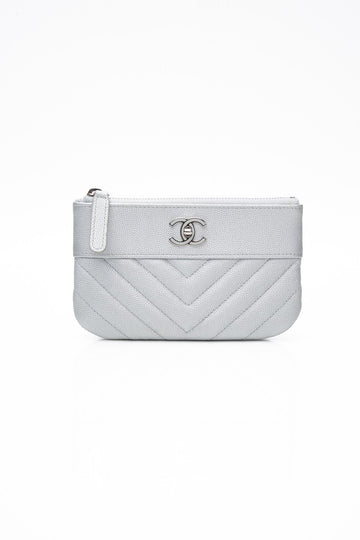 CHANEL Metallic Silver Caviar Chevron Quilted Small Mademoiselle Zip Pouch Case