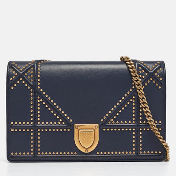 Navy Blue Leather Studded Diorama Wallet on Chain