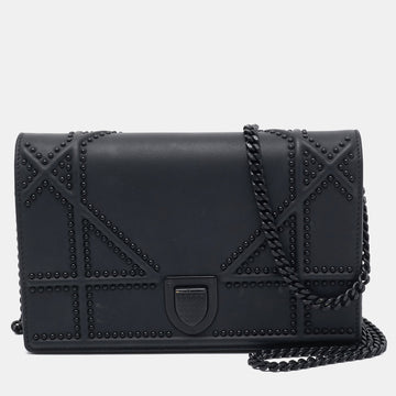 Matte Black Leather Studded Diorama Wallet on Chain