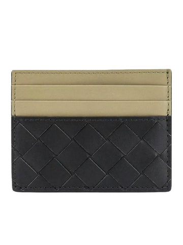 Luxury Bottega Veneta Intrecciato Two-Tone Card Wallet Dark Green Travertine
