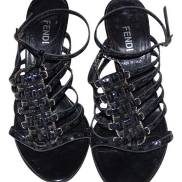 Fendi Black Textured Leather Strappy Pump with Silver Hardware