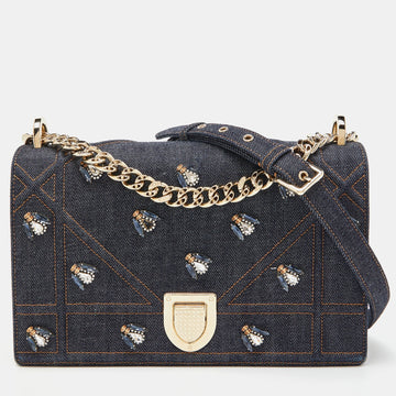 Blue Denim Medium Crystal Embellished Diorama Shoulder Bag