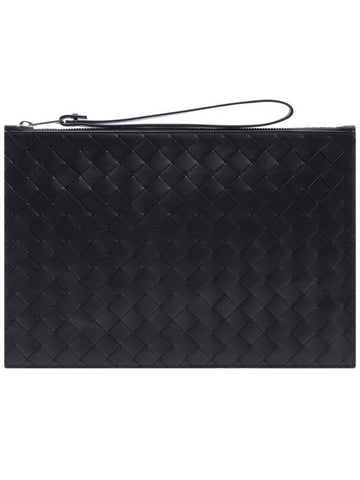 Luxury Bottega Veneta Intrecciato Strap Large Clutch Bag Black