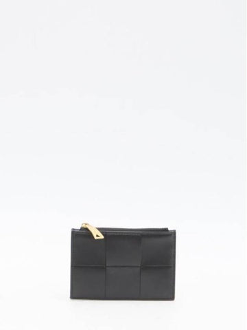 Luxury Bottega Veneta Intrecciato Cassette Zipper Card Wallet Black