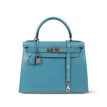 Kelly Sellier 28 Bleu Jean Box leather Palladium Plated C Square Stamp
