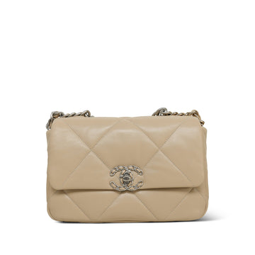 22C Beige leather Quilted 19 Flap Small MHW