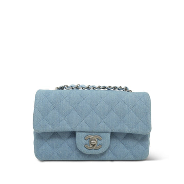 25C Light Blue Denim Quilted Mini Rectangular Flap Aged Silver Hardware