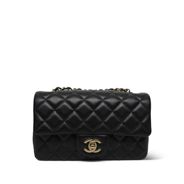 Black leather Quilted Mini Rectangular Flap Light Gold Hardware