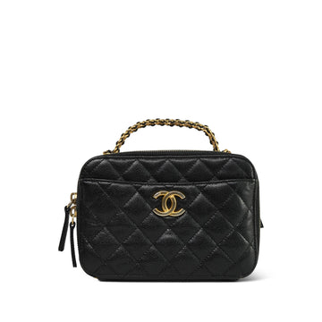Black leather Quilted Pick Me Up Vanity Case Logo Handle Small Aged Gold Hardware