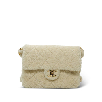 24K Ivory Shearling/leather Quilted Single Flap Bag Brushed Gold Hardware