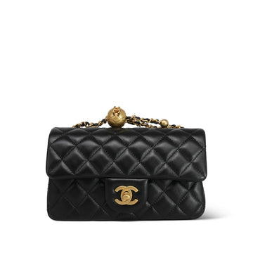 25A Black leather Quilted Pearl Crush Mini Rectangular Flap Aged Gold Hardware ()
