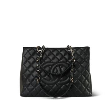 Black leather Quilted Grand Shopping Tote (GST) Silver Hardware