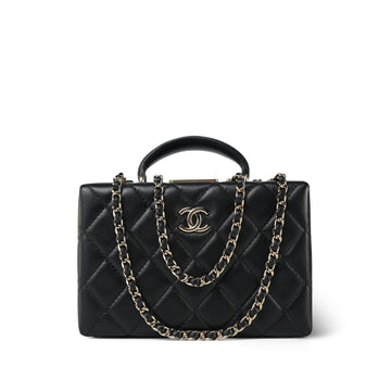 24K Black leather Quilted Box Bag Small Light Gold Hardware