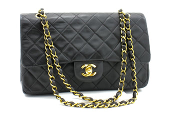 CHANEL Classic Double Flap 10" Chain Shoulder Bag Black Leather i68