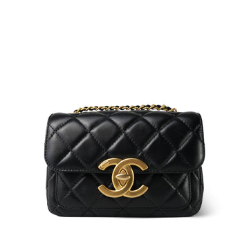 24B Black leather Quilted CC Flap Bag Mini Aged Gold Hardware