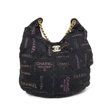 22P Black Denim Quilted Mood Maxi Hobo Bag Aged Gold Hardware