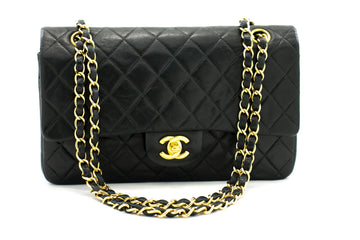 CHANEL 2.55 Double Flap Medium Chain Shoulder Bag Black Leather i51