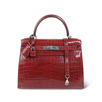 Kelly Sellier 28 Rouge H leather Niloticus Palladium Plated T Stamp