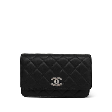 25C Black leather Fish Print Quilted Wallet on Chain WOC LGHW