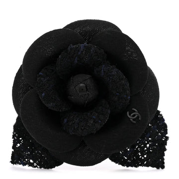 Tweed Fabric Camellia Pin Brooch Navy Blue Black