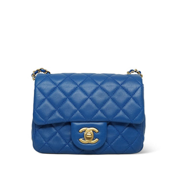22B Blue leather Quilted Pearl Crush Mini Square Flap Aged Gold Hardware