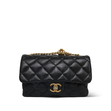 22K Black leather Quilted Pillow Crush Single Flap AGHW