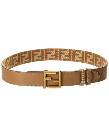 Fendi Ff Reversible Denim Jacquard & Leather Belt