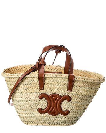Celine Triomphe Classic Panier Straw & Leather Tote, Brown